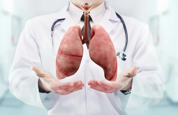 A healthcare professional presenting a transparent visualization of human lungs, emphasizing respiratory health and cardiology expertise.