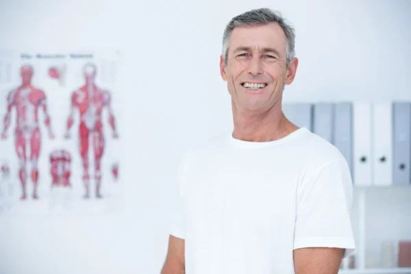 A smiling heart doctor standing in a clinical environment with anatomical posters of the human body in the background.