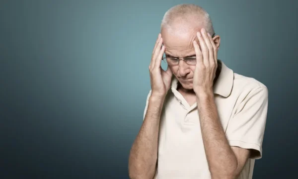 A senior man with glasses, wearing a light-colored polo shirt, stands against a blue background clutching his head with a pained expression that suggests he is experiencing a headache or a moment of intense stress